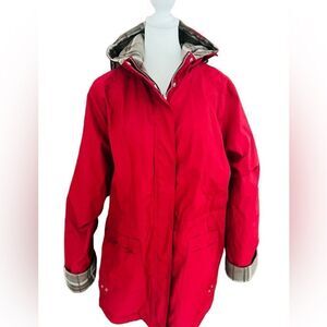 Red/gray plaid reversible hooded zip front jacket